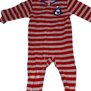 Cozy Red and Gray Striped Kids Footie with Penguin